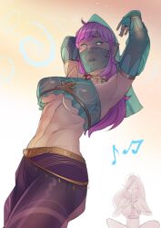  breasts breath_of_the_wild female_only femdom genderswap gerudo harem_outfit hypnotic_audio hypnotic_music instrument john_doe large_breasts link long_hair midriff music nintendo open_mouth pink_hair psuedonym see-through spiral_eyes symbol_in_eyes the_legend_of_zelda 