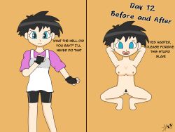 before_and_after black_hair blue_eyes dragon_ball femsub happy_trance hypnovember maledom nude simple_background text the_new_o-girl videl