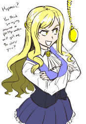  blonde_hair blush breath crossed_arms crossed_eyes dazed denial dialogue glowing_eyes green_eyes instant_loss long_hair majinsfw mantra open_mouth original pendulum pocket_watch skirt smug spiral_eyes sweat text veronica_nightingale_(majinsfw) yellow_eyes 