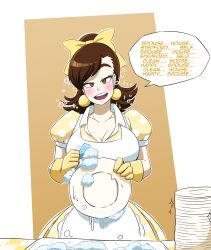  absurdres apron blush bow breasts brown_hair cleaning domestication dress earrings english_text female_only femsub gloves happy_trance housewife jewelry kobi94 large_breasts original solo speech_bubble spiral_eyes stepfordization symbol_in_eyes text transformation 