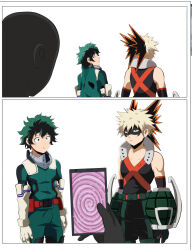  before_and_after blonde_hair bulge dariuszenin empty_eyes expressionless faceless_male green_hair hypnotic_app hypnotic_screen hypnotic_spiral izuku_midoriya katsuki_bakugo male_only malesub multiple_boys multiple_subs muscle_boy my_hero_academia short_hair shrunken_irises simple_background spiral super_hero tech_control white_background 
