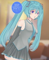  bare_shoulders blue_eyes breasts clothed cyan_hair eye_roll femsub miku_hatsune missmilkou open_mouth sequence sweat symbol_in_eyes text twintails vocaloid 