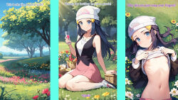 ai_art before_and_after breasts confused dawn dialogue exposed_chest femsub nintendo nipples outdoors pokemon pokemon_diamond_pearl_and_platinum shirt_lift skirt_lift small_breasts smile unaware undressing 