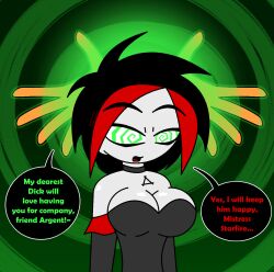 argent choker cleavage dc_comics english_text eyebrows_visible_through_hair female_only femdom femsub goth green_background green_eyes grey_skin hypnoscream large_breasts love multicolored_hair opera_gloves ring_background shiny_skin short_hair speech_bubble spiralwash_eyes starfire tattoo teen_titans