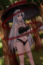  bangs bare_legs bra breasts choker cleavage empty_eyes female_only femsub forest huge_breasts lingerie open_mouth outdoors panties parasol raven_(spiral_clicker) red_eyes solo spiral_clicker standing umbrella vampire very_long_hair white_hair xvein 