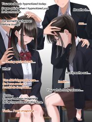  blush bow brown_eyes brown_hair chair closed_eyes comic consensual dialogue empty_eyes femsub hand_on_head happy_trance hard_translated leaning_forward legs maledom open_mouth original ponytail school_uniform sitting skirt smile text translated utsuro_butai 