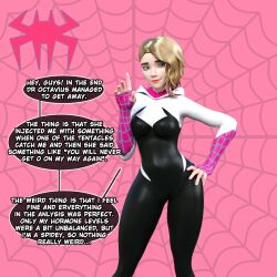 3d bimbofication blonde_hair comic corruption grakio gwen_stacy marvel_comics spider-gwen text transformation unaware