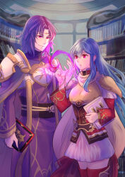 armor book boots circlet cloak corruption dark_persona eirika_(fire_emblem) fire_emblem fire_emblem_heroes fire_emblem_the_sacred_stones hair_between_eyes highres holding holding_book long_sleeves lyon_(fire_emblem) magic nintendo pooh920 possession ppooh920 purple_eyes purple_hair red_eyes skirt story_at_source thigh_boots thighhighs