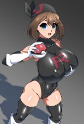  bandana bangs bare_shoulders blue_eyes boots breast_fondling breast_grab breasts brown_hair collarbone dead_source empty_eyes erect_nipples erect_nipples_under_clothes eyebrows_visible_through_hair female_only femsub gloves groping happy_trance high_heels holding_breasts huge_breasts leotard nintendo open_mouth opera_gloves pokeball pokemon pokemon_ruby_sapphire_and_emerald short_hair simple_background smile solo standing team_rocket thick_thighs thighhighs xenoxeno 