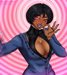  absurdres acidthirsty12 alternate_costume alternate_hairstyle ana_amari black_hair cleavage dark_skin drool female_only large_breasts open_clothes overwatch pink_eyes ring_eyes sexually_suggestive short_hair signature smile spiral_background spiral_eyes tattoo 