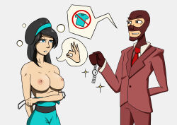 absurdres black_hair breasts business_suit dazed empty_eyes expressionless femsub headband humor large_breasts maledom milf nexus_light open_clothes open_mouth scout&#039;s_mom_(team_fortress_2) short_hair spy_(team_fortress_2) team_fortress_2 topless undressing valve wrist_watch