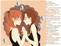  artist_request asuka_langley_soryu braid brown_hair caption caption_only clothed consensual dress female_only femdom femsub glasses holding_hands manip mari_makinami_illustrious memory_alteration memory_lapse multiple_girls neon_genesis_evangelion red_hair resisting sunt-ermico_(manipper) tears text twintails unhappy_trance 