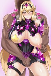 absurdres alternate_color_scheme blonde_hair blush breasts breasts_outside condom corruption drool faceless_male femsub gatyo_5 gloves happy_trance heart heart_eyes large_breasts long_hair maledom mythra_(xenoblade) nintendo nipple_tweak open_clothes opera_gloves pasties purple_eyes star_pasties symbol_in_eyes tongue tongue_out v xenoblade_chronicles xenoblade_chronicles_2