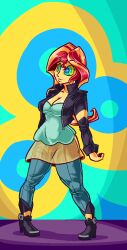 blonde_hair breasts cleavage drool equestria_girls female_only femsub happy_trance kaa_eyes large_breasts long_hair medrifogmatio multicolored_hair my_little_pony open_mouth red_hair sunset_shimmer
