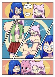  absurdres blue_hair blush bottomless breasts carla_(fairy_tail) comic erza_scarlet fairy_tail female_only femsub happy_trance kyrielle long_hair multiple_girls multiple_subs nipples pink_hair simple_background spiral_eyes symbol_in_eyes tentacles text topless undressing undressing_command wendy_(edolas) 
