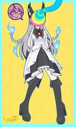  androgynous_dom aura boots character_request clothed deltarune drool eye_color_change fox_ears grey_hair happy_trance high_heels long_hair multicolored_eyes rakuma-imp smile speech_bubble spiralwash_eyes undertale werewire 