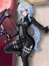  ahoge alien blue_hair blush bodysuit bow_(weapon) breasts cameltoe catsuit crossover drool erect_nipples erect_nipples_under_clothes fangs female_only femsub ganyu_(genshin_impact) genshin_impact gomura_kumachi happy_trance horns lactation latex living_costume long_hair looking_at_viewer marvel_comics milk milking outdoors parasite pussy_juice red_eyes rubber signature smile solo spider-man_(series) symbiote tight_clothing tongue tongue_out venom_(marvel) weapon 