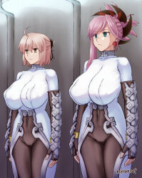  bodysuit bow breasts brown_eyes collar corruption cosplay earrings empty_eyes erect_nipples_under_clothes expressionless fate/grand_order fate_(series) hair_ornament jewelry large_breasts miyamoto_musashi_(fate) multiple_girls navel nekoreset13 okita_souji qin_liangyu standing standing_at_attention 