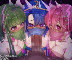  bangs bare_shoulders blowing_kiss blowjob_face blue_eyes blue_hair blush breast_press breasts catria_(fire_emblem) cleavage cum cum_in_mouth erection est_(fire_emblem) eyebrows_visible_through_hair fellatio femsub fire_emblem fire_emblem_mystery_of_the_emblem glowing glowing_eyes green_eyes green_hair hair_ornament hairpin happy_trance harem_outfit headdress heart heart_eyes jewelry large_breasts large_penis long_hair looking_at_viewer maledom midriff multiple_girls multiple_subs necklace nintendo one_eye_open open_mouth oral palla_(fire_emblem) penis pink_eyes pink_hair ryncka sex short_hair smile sweat symbol_in_eyes tongue tongue_out tube_top veil wink 