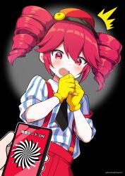  blush clothed drill_hair femsub gloves hat hypnotic_app japanese_text mesmerizer_(vocaloid) open_mouth phone pov pov_dom preview red_eyes red_hair scared shirt signature simple_background spiral surprised sweat teto_kasane text tie torinokawori twintails user_interface utau vocaloid 