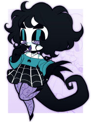 black_hair chibi clothed commission dreamalgia fangs femsub goth lip_piercing monster_girl nose_piercing original piercing purple_eyes septum_piercing shirt solo spiral_eyes tail