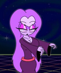 aged_up breasts cleavage clothed dress eyebrows_visible_through_hair eyelashes eyeshadow female_only femsub halloween hypnoscream large_breasts makeup open_mouth purple_hair purple_skin ring_eyes scooby-doo_(series) scooby-doo_and_the_ghoul_school sibella_dracula solo sparkle vampire very_long_hair zombie_walk