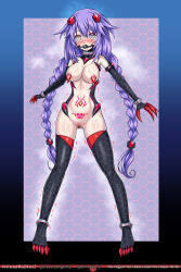  ball_gag bare_shoulders blue_background blue_eyes blush boots bottomless censored claws collar crotch_tattoo cuffs cyber drool female_only femsub gag gloves gradient_background hair_ornament hyperdimension_neptunia large_breasts multicolored_eyes navel navel_piercing neuroization nipple_piercing nipples opera_gloves purple_hair purple_heart pussy signature solo standing tattoo tears tech_control thighhighs tight_clothing trembling twin_braids 