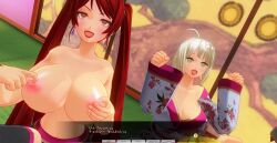 3d bottomless breasts dialogue dog_pose drool female_only green_eyes happy_trance japanese_clothing kamen_writer_mc kimono large_breasts lipstick mc_trap_town multiple_girls multiple_subs nipple_tweak pet_play ponytail red_hair red_lipstick rina_(mc_trap_town) screenshot spiral_eyes symbol_in_eyes text topless translated twintails white_hair