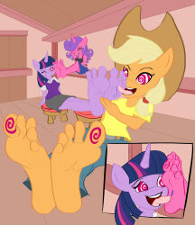 applejack barefoot blonde_hair curly_hair feet female_only femdom femsub foot_focus foot_licking foot_worship furry happy_trance horns horse_girl hypnotic_feet licking long_hair multicolored_hair my_little_pony open_mouth original pink_hair purple_hair resisting sitting smile spiral_eyes straight-cut_bangs symbol_in_eyes tongue tongue_out twilight_sparkle unhappy_trance unicorn_girl zuneycat