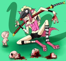    animal_ears blood death dog_girl evil_smile fangs femdom hypnogoat666 imminent_death nightmare_fuel non-human_feet open_mouth original pendulum pig_boy pink_hair red_eyes short_shorts smile sword tongue tongue_out violence wolf_girl wounds 