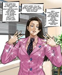 ace_attorney alternate_costume breasts brown_hair capcom comic cosplay english_text femsub grey_eyes happy_trance long_hair maledom mia_fey possession redd_white ring smile suit text umbra_callistis