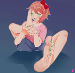 blush bow bulge doki_doki_literature_club feet femdom foot_focus futanari futasub glowing_eyes green_eyes mohoshadream monika possession sayori_(doki_doki_literature_club) smell sweat toe_ring toenail_polish