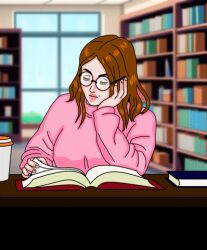  animated_gif blue_eyes book breasts brown_hair camera empty_eyes exposed_chest eye_roll femsub glasses light_skin looking_at_viewer mspainter nipples pov red_eyes sitting sweater text 