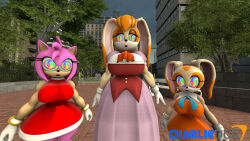  3d absurdres amy_rose breasts bunny_girl charliedcr cleavage cream_the_rabbit female_only femsub furry hedgehog_girl large_breasts open_mouth orange_hair sonic_the_hedgehog_(series) source_filmmaker spiral_eyes symbol_in_eyes vanilla_the_rabbit 
