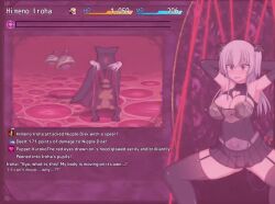 animated arms_behind_back brown_eyes cleavage femsub leggings long_hair miniskirt nipple_play nipples puppet silver_hair sound spear spread_legs succubus torn_clothes twintails video video_game