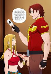 ai_art belt blonde_hair bracelet card cleavage crop_top earrings empty_eyes english_text expressionless femsub gloves glowing_eyes hand_on_head handjob hellsing002_(generator) kasey_(super_crooks) kneeling maledom nail_polish pants penis red_hair smirk speech_bubble super_crooks tank_top tattoo the_praetorian_(super_crooks)