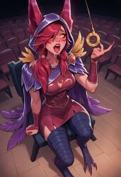  ai_art andruxa_(generator) animal_ears cape clothed femsub happy_trance hood league_of_legends non-human_feet open_mouth pendulum ponytail red_hair stage_hypnosis xayah 