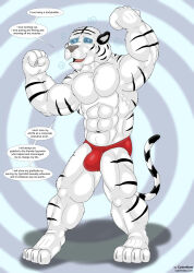 abs bulge cyberklaw dialogue erection erection_under_clothes flexing furry himbo male_only malesub muscle_boy non-human_feet posing spiral_eyes standing symbol_in_eyes text tiger_boy topless underwear