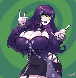  arm_warmers blush chains choker cleavage clothed corset dress eyebrows_visible_through_hair female_only femdom fingerless_gloves fishnets glowing_eyes green_background green_eyes hairpin hip_vents huge_breasts legs lipstick long_hair looking_at_viewer nail_polish necklace open_mouth pendulum pov_sub psyfly purple_hair secret_subject short_skirt skull spiral_background spiral_eyes tight_clothing virtual_youtuber 