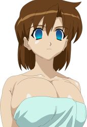  angry bare_breasts bare_shoulders blue_eyes breasts brown_hair cleavage collarbone girls_bravo huge_breasts kirie_kojima nude possession standing_at_attention towel 