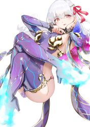 alternate_costume alternate_hair_color ass beatrix_vivi breasts cleavage corruption crossed_legs fate/grand_order fate/stay_night fate/stay_night_heaven&#039;s_feel fate_(series) femsub flame floating glowing goddess hair_ribbon hand_on_head high_heels kama_(fate/grand_order) long_hair looking_at_viewer multicolored_hair open_mouth possession red_eyes ribbon sakura_matou white_background white_hair