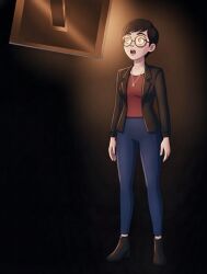  ai_art black_background black_hair brown_eyes carmen_sandiego clothed female_only femsub glasses jacket jewelry julia_argent_(carmen_sandiego) necklace open_mouth pants shirt shoes short_hair simple_background solo standing tech_control tv zupern0va_(manipper) 