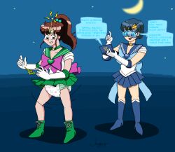  absurdres age_regression antenna blue_hair bow brown_hair calineproductions crown diaper electricity femdom femsub gloves goggles jewelry magical_girl opera_gloves sailor_jupiter sailor_mercury sailor_moon_(series) skirt tech_control text 