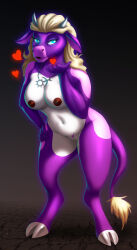 14-bis absurdres blonde_hair blowing_kiss bottomless breasts cow cow_girl female_only femdom furry glowing glowing_eyes hooves hypnotic_kiss kissing large_breasts long_hair looking_at_viewer magic necklace non-human_feet nude open_mouth pov pov_sub purple_skin slaanesh topless warhammer_40k