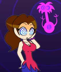 aged_up banjo_bottom breasts brown_hair clothed donkey_kong_(series) dress femsub freckles hypnoscream nintendo pauline spiralwash_eyes tagme tiki_tak_tribe