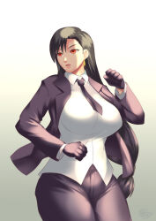 black_hair business_suit corporatification corruption earrings empty_eyes enemy_conversion expressionless femsub final_fantasy final_fantasy_vii gloves hadant lipstick long_hair makeup red_eyes signature solo tie tifa_lockhart