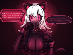 ahegao animal_ears blush bodysuit breasts cat_girl collar corruption drool female_only femsub happy_trance heart heart_eyes large_breasts latex long_hair maid open_mouth original pon_(polishguy+porniky) porniky smile symbol_in_eyes tail tech_control text white_hair