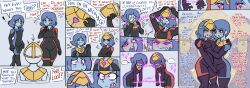  blue_hair blue_skin blush bodysuit brother_and_sister bulge chains comic corruption dialogue drool english_text eva_(pstash) eye_color_change eyebrows_visible_through_hair fanterfane femdom femsub glowing_eyes groping happy_trance hug hypnotic_accessory incest luke_(pstash) magic makeup malesub mental_chains mirai_(blitz_habanera) multiple_subs necklace open_mouth original possession purple_eyes resisting simple_background smile split_personality text twincest yellow_eyes 