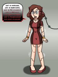 antenna black_eyes bracelet brown_hair cables clothed collarbone dialogue dress expressionless female_only fembot femsub gradient_background headphones hilda_(netflix) johanna_(hilda) knees_together mantra milf open_mouth ring_eyes robot_girl robotization short_hair simple_background solo speech_bubble standing supertechno324 tech_control text trembling wires