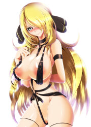  blonde_hair blush bottomless breasts collar cynthia erect_nipples female_only femsub frostbyte_(manipper) hair_covering_one_eye happy_trance large_breasts long_hair manip nintendo pokemon pokemon_diamond_pearl_and_platinum spiral_eyes symbol_in_eyes topless 